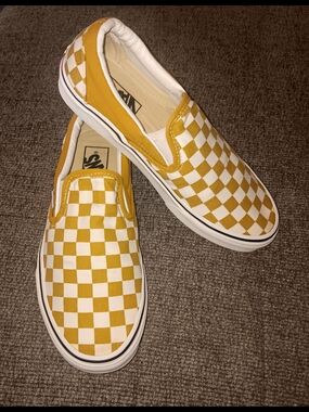 Vans Checkerboard Slip-On Sneakers in Mustard Yellow and White